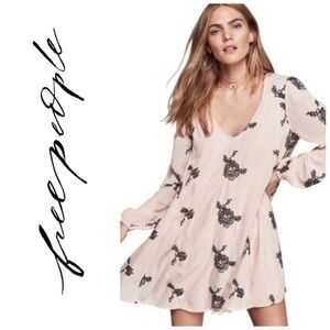 Free People burnt orange embroidered flower balloon sleeve tunic dress